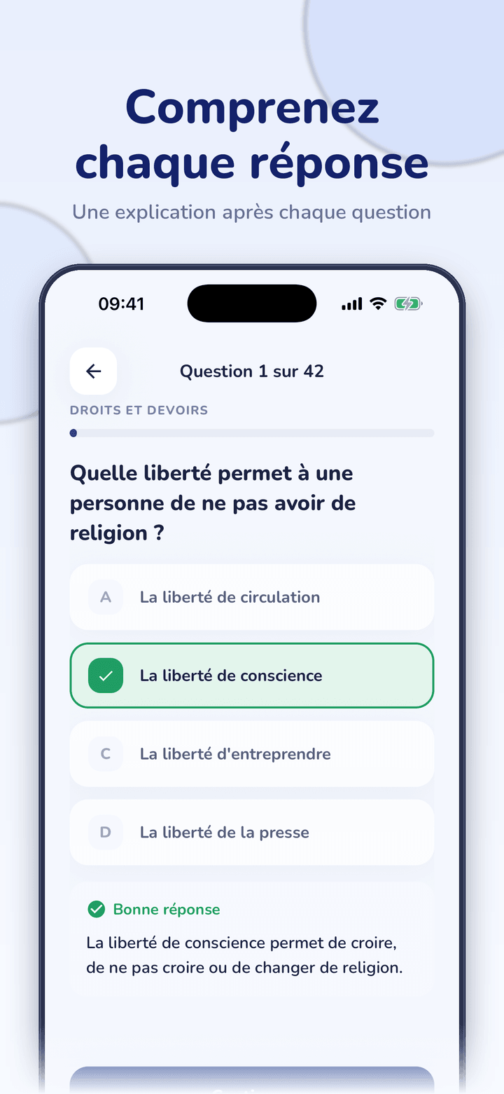 Écran de question d'Examen Civique Prépa : une question sur les droits et devoirs en français et en anglais, la bonne réponse en vert et son explication