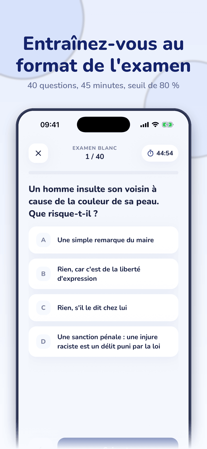 Écran d'examen blanc : question 1 sur 40, chronomètre de 45 minutes et quatre choix de réponse