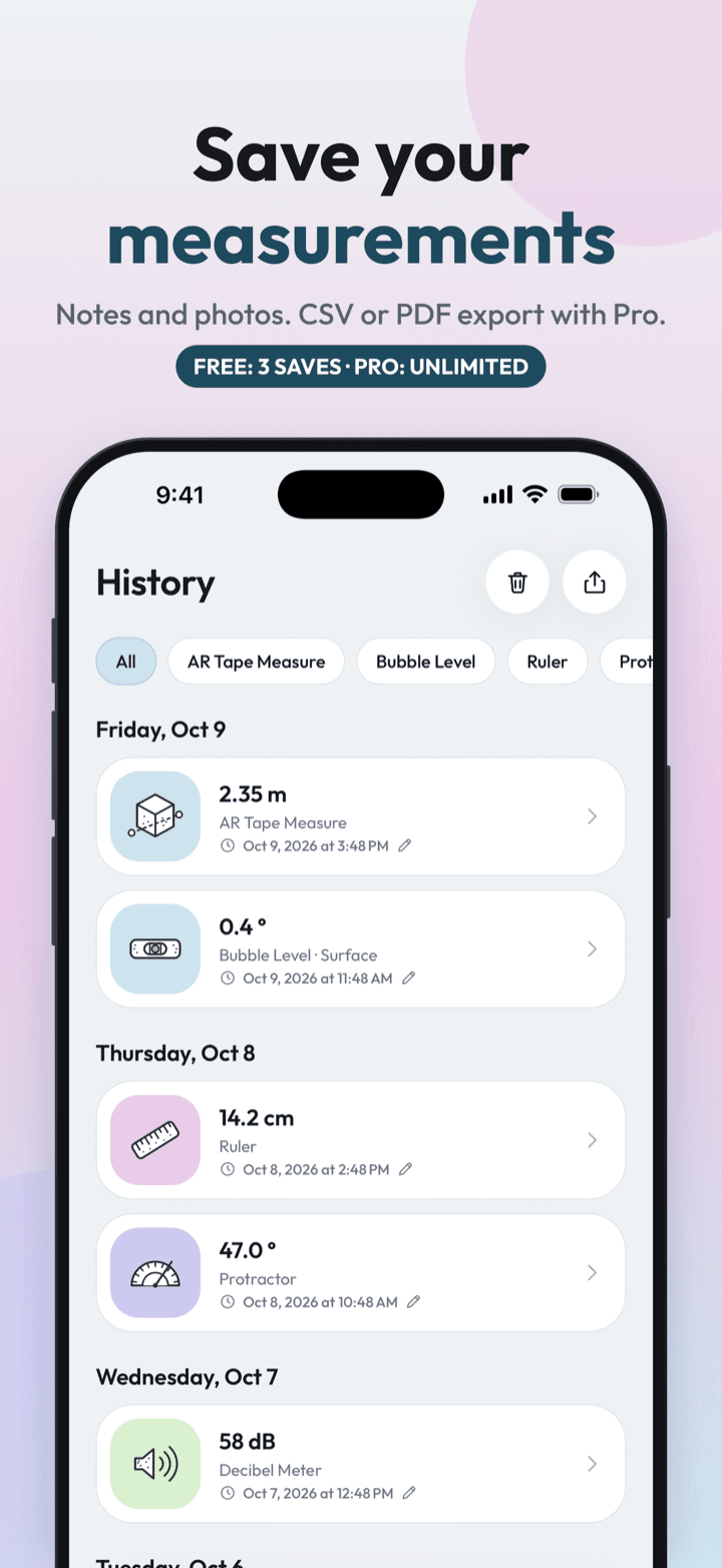 Measure Kit history screen with a list of saved measurements from different tools