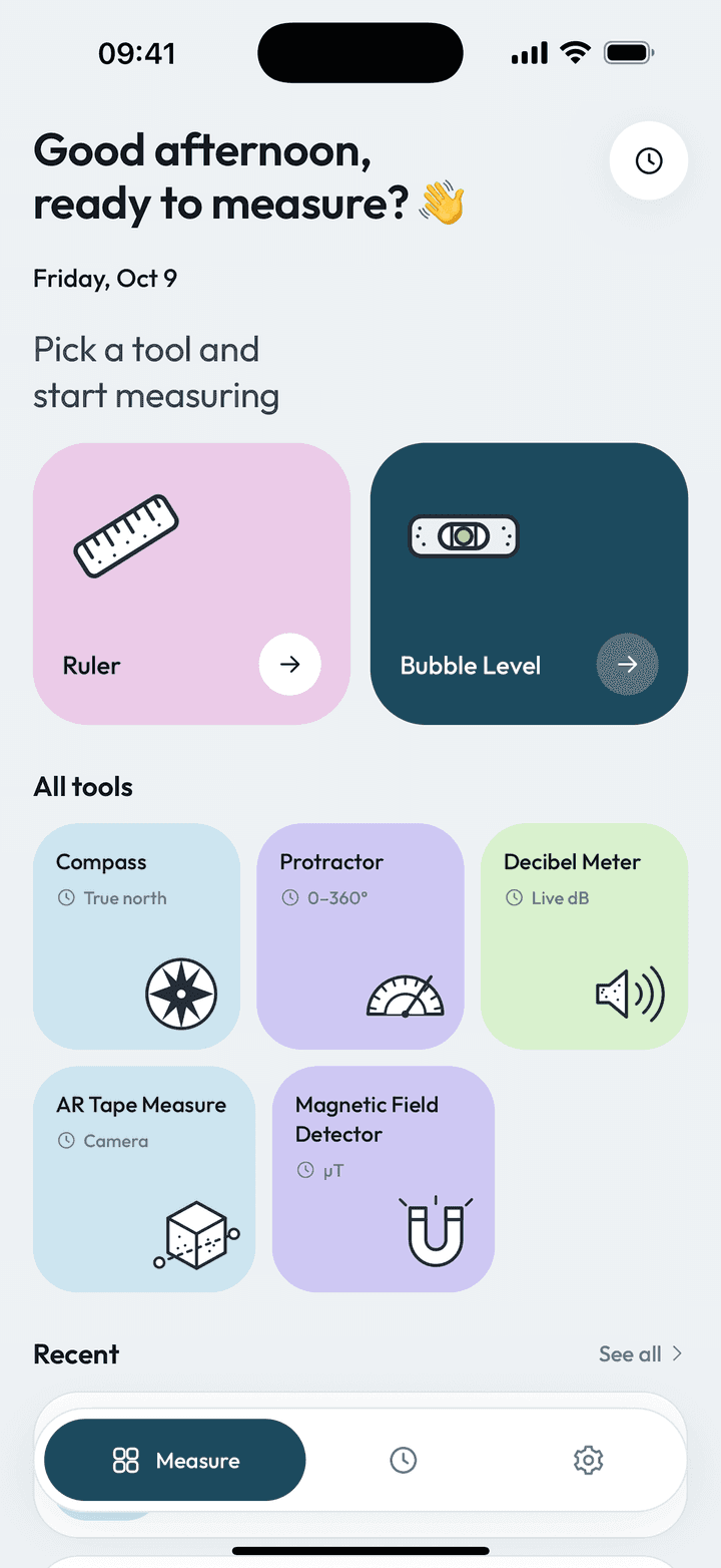 Measure Kit home screen with the magnetic field detector tile alongside the other measuring tools