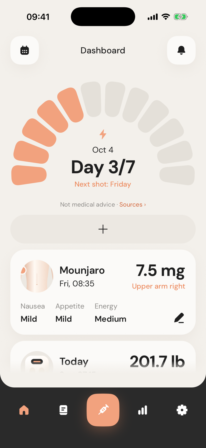Nerra GLP-1 tracker dashboard on iPhone showing the next shot day, a logged dose with its injection site and a nausea, appetite and energy check-in (sample data)