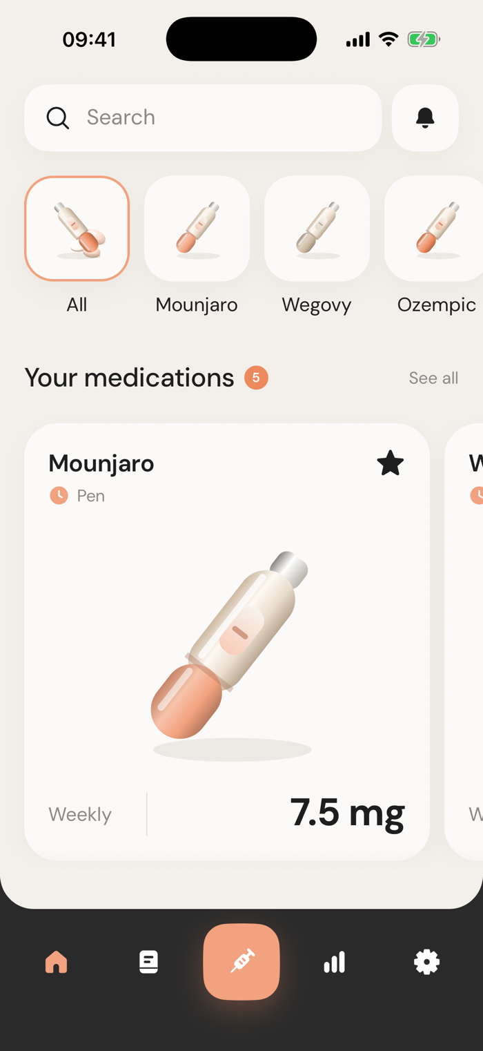 Nerra medications screen with filters for Mounjaro, Wegovy and Ozempic and a weekly pen card showing the dose you entered (sample data)