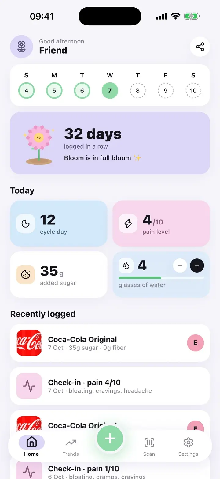 Home screen showing cycle day 12 among the day tiles (sample data)