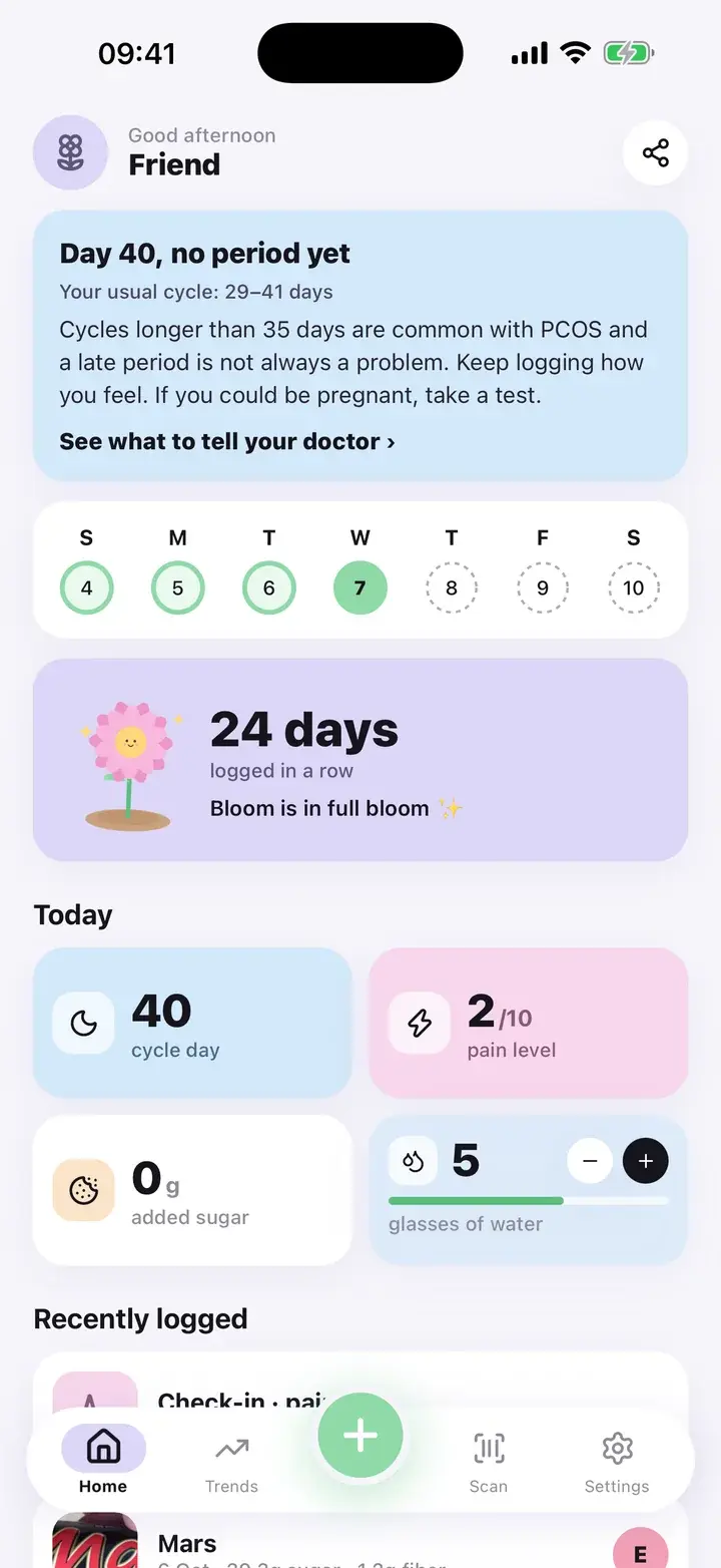 Home screen late period card for a cycle between day 36 and 45, with a calm message (sample data)