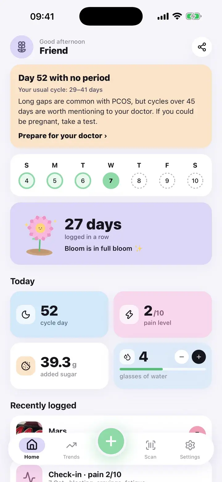 Home screen late period card for a cycle past day 45, suggesting you mention it to your doctor (sample data)