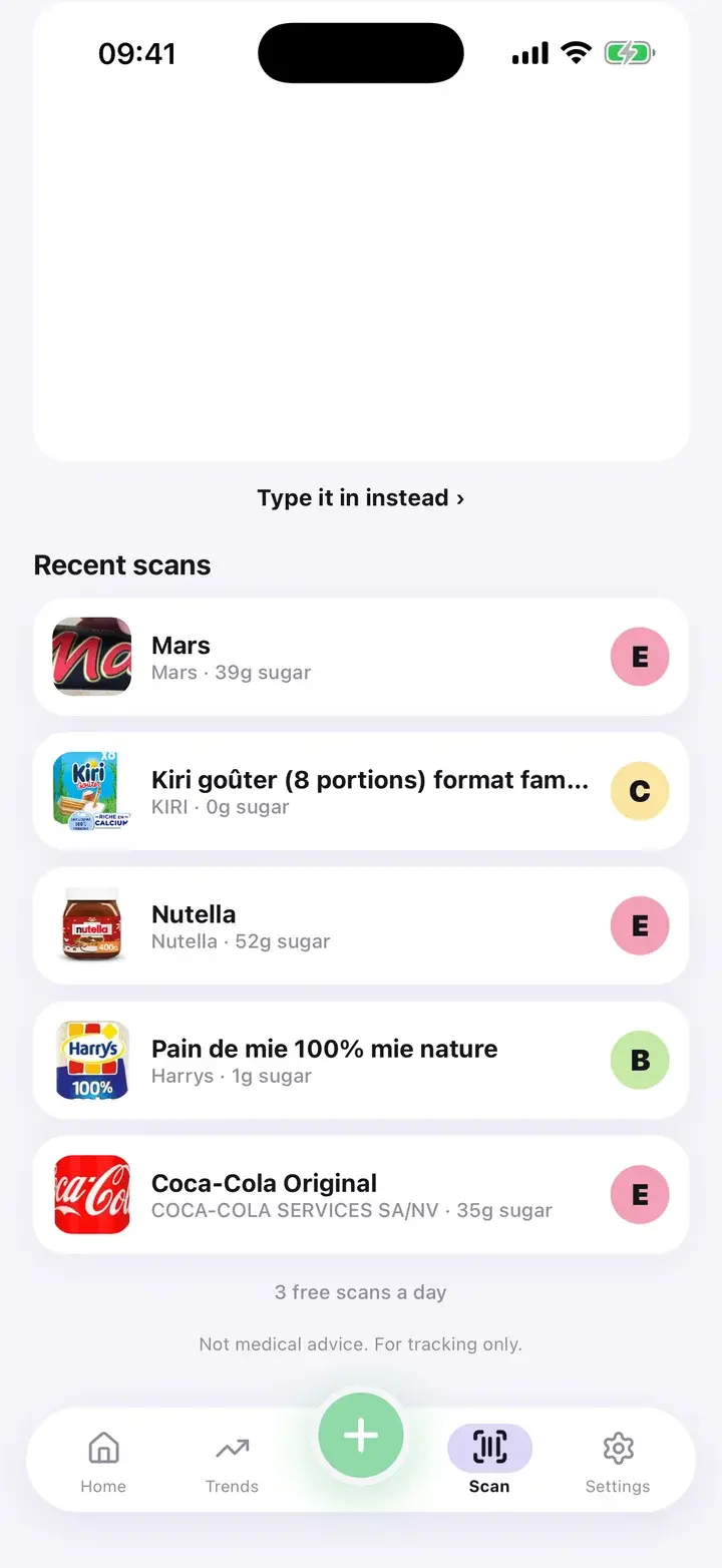 Scan tab with a list of recent scans and their grades