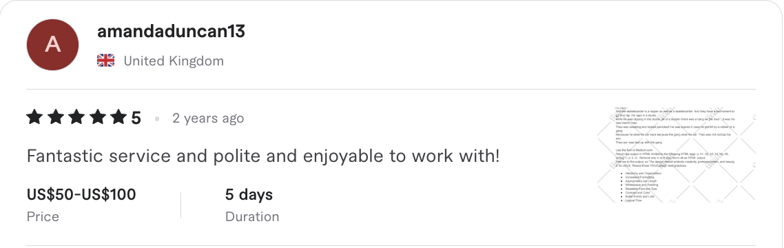 5-star Upwork review from amandaduncan13 - Fantastic service from United Kingdom