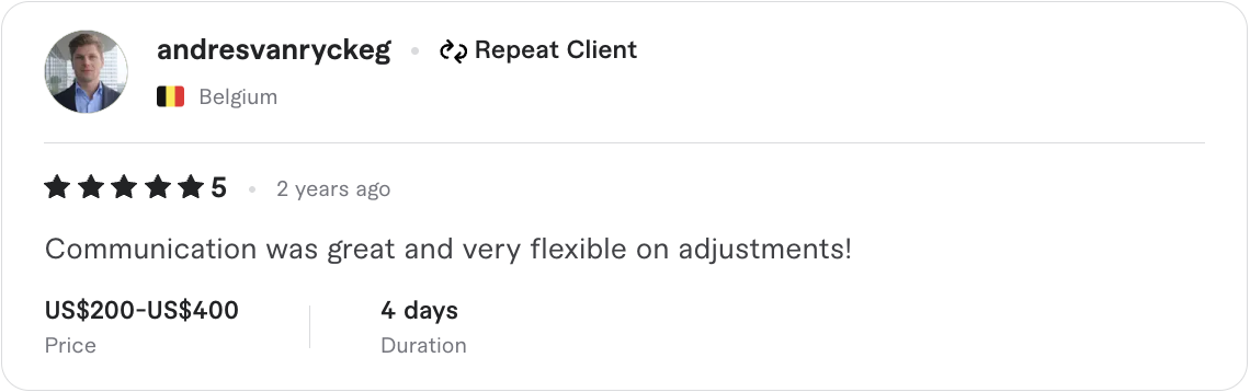 5-star Upwork review from andresvanryckeg - Repeat client from Belgium praising communication and flexibility