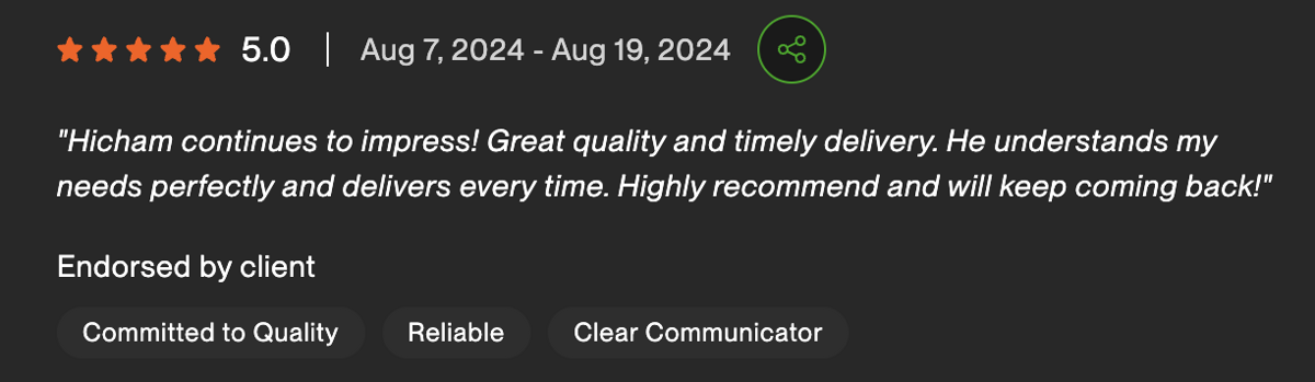 5-star Fiverr review endorsing Ship AI Lab for quality, reliability, and clear communication