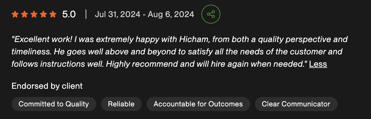 5-star Fiverr review endorsing Ship AI Lab for quality, reliability, accountability, and clear communication
