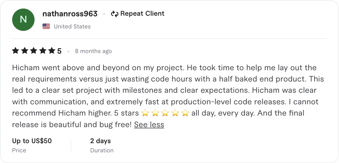 5-star Upwork review from nathanross963 - Repeat client from United States praising Ship AI Lab for clear communication and production-level code releases