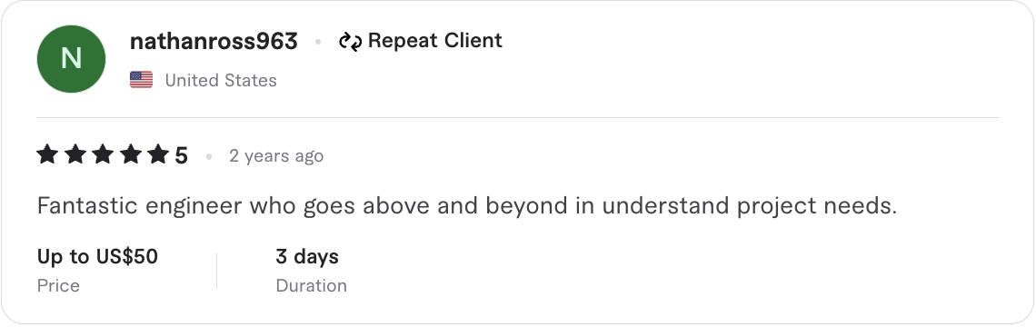 5-star Upwork review from nathanross963 - Fantastic engineer who goes above and beyond