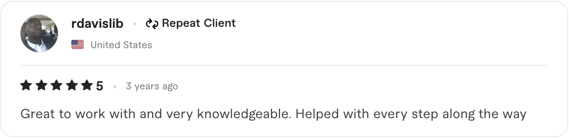 5-star Upwork review from rdavislib - Great to work with and very knowledgeable