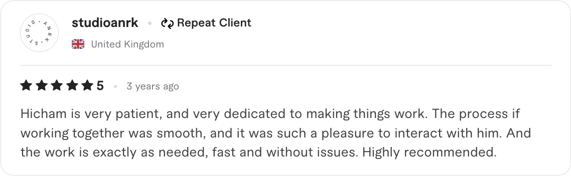 5-star Upwork review from studioanrk - Repeat client from United Kingdom praising Ship AI Lab for patience and dedication