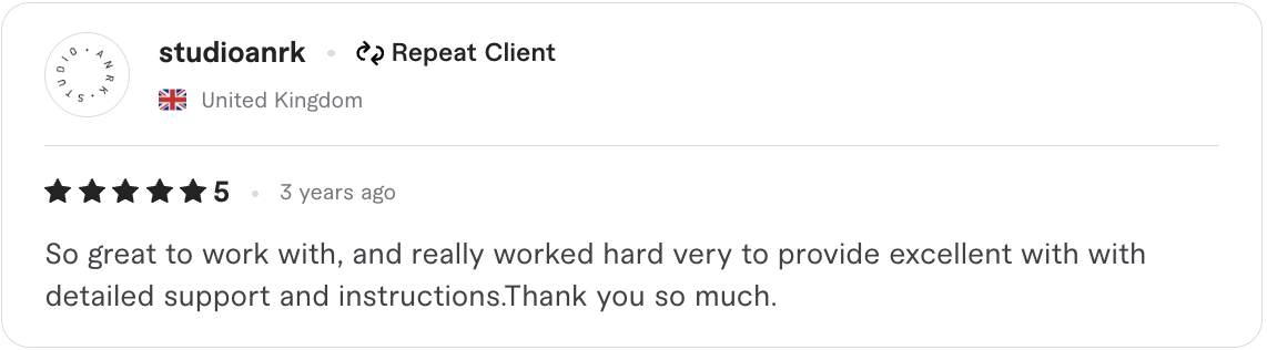 5-star Upwork review from studioanrk - Excellent support and instructions