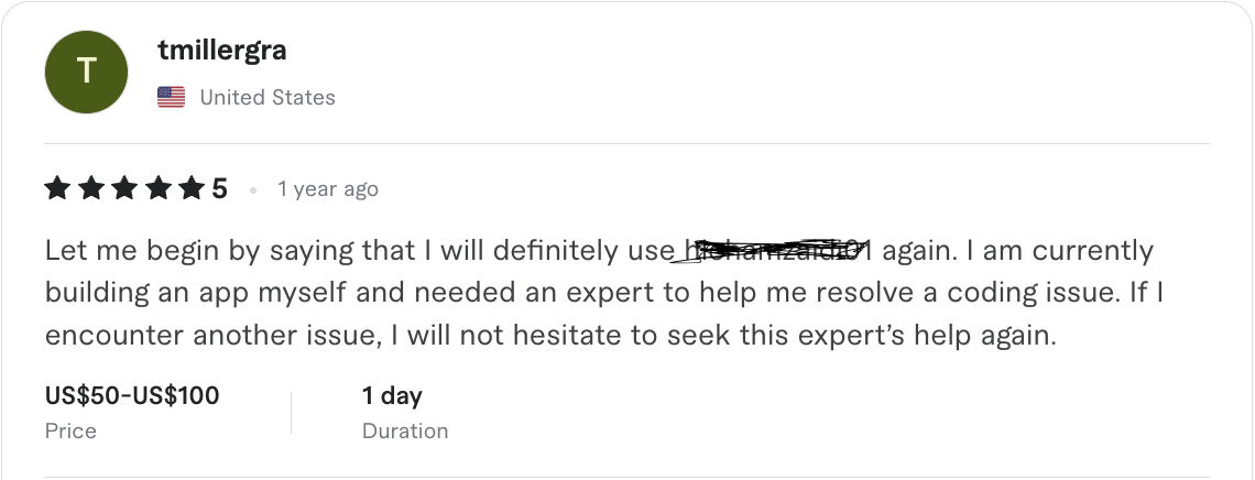 5-star Upwork review from tmillergra praising Ship AI Lab as expert problem solver