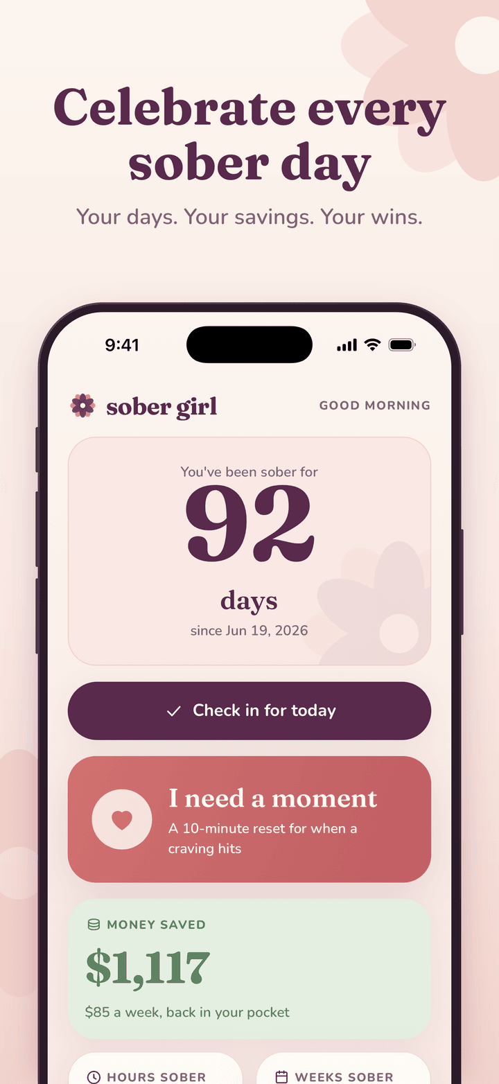 Sober Girl home screen showing a sober days counter at 92 days, a daily check-in button, a craving help button and money saved