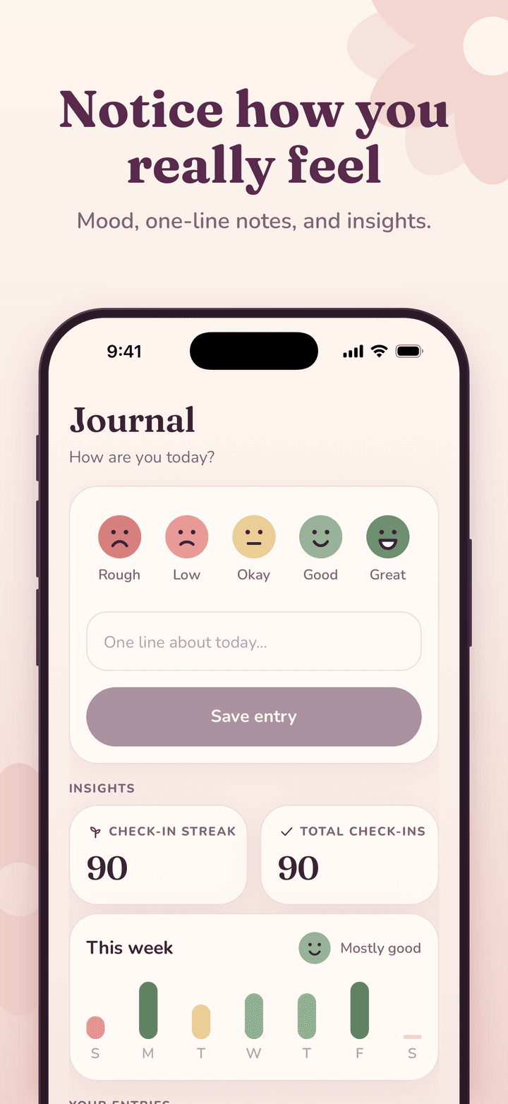 Sober Girl journal screen with five mood faces, a one-line note field and weekly check-in insights