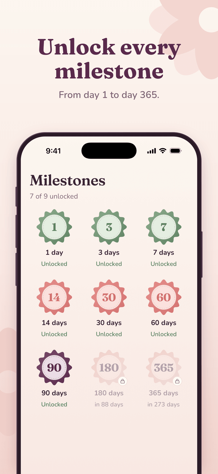 Sober Girl milestones screen with badges from 1 day to 365 days, seven of nine unlocked