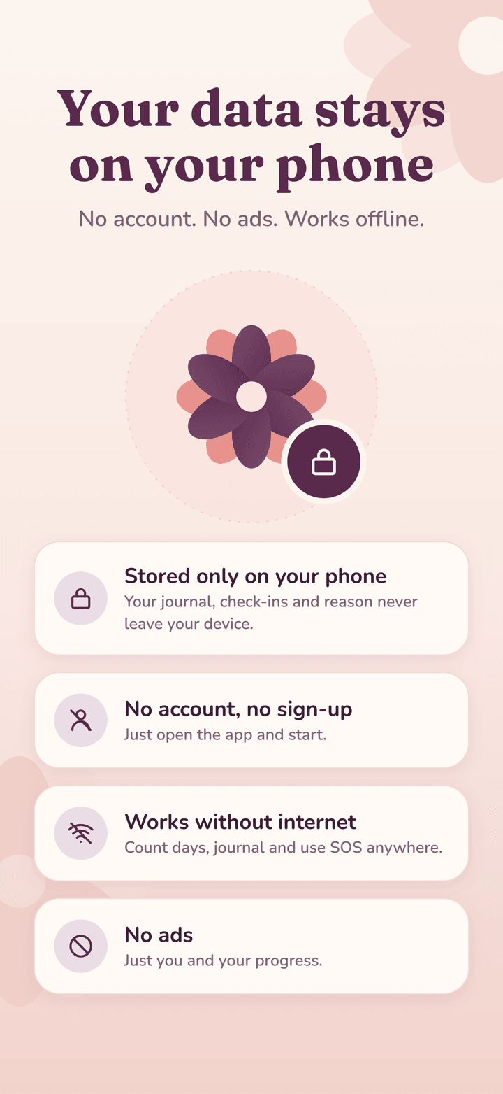 Sober Girl privacy screen listing stored only on your phone, no account, works offline and no ads