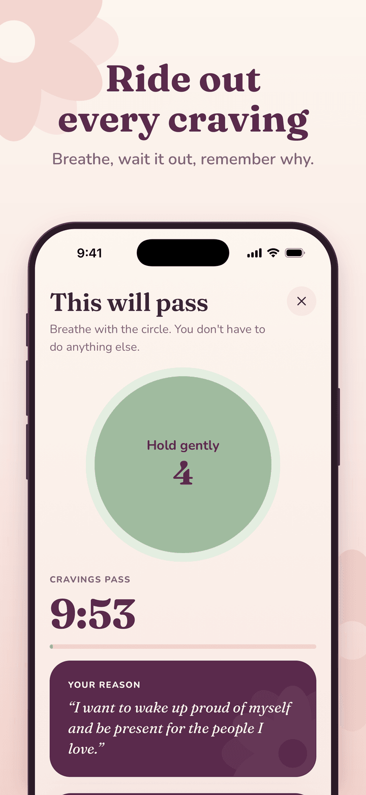 Sober Girl craving SOS screen with a breathing circle, a 10-minute timer and your own reason for stopping