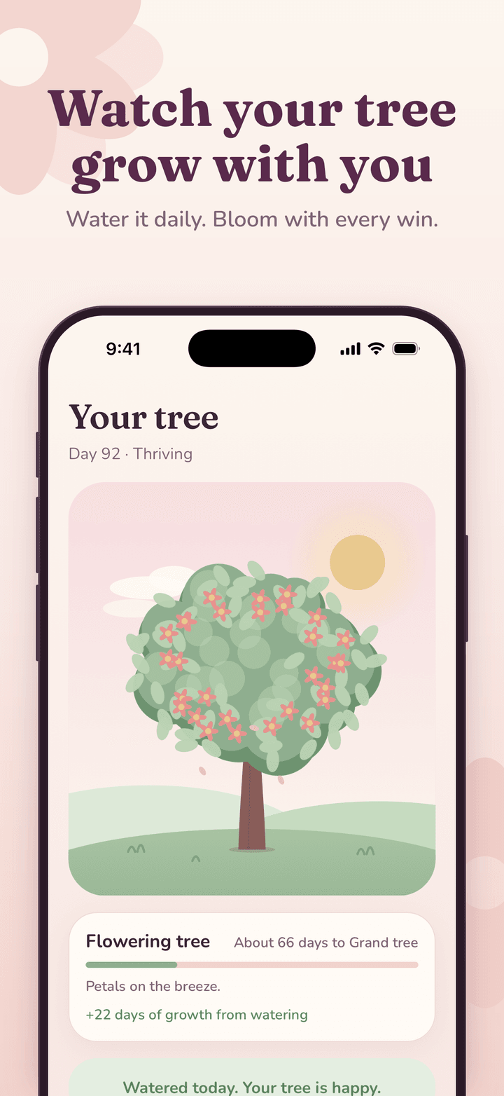 Sober Girl tree screen with a flowering tree on day 92 and progress toward the next tree stage