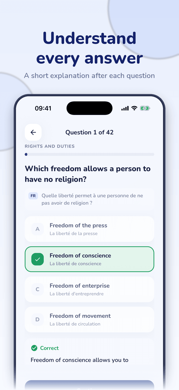 Understand every answer Examen Civique Prep question screen: a rights and duties question in French and English, the correct answer in green and its explanation