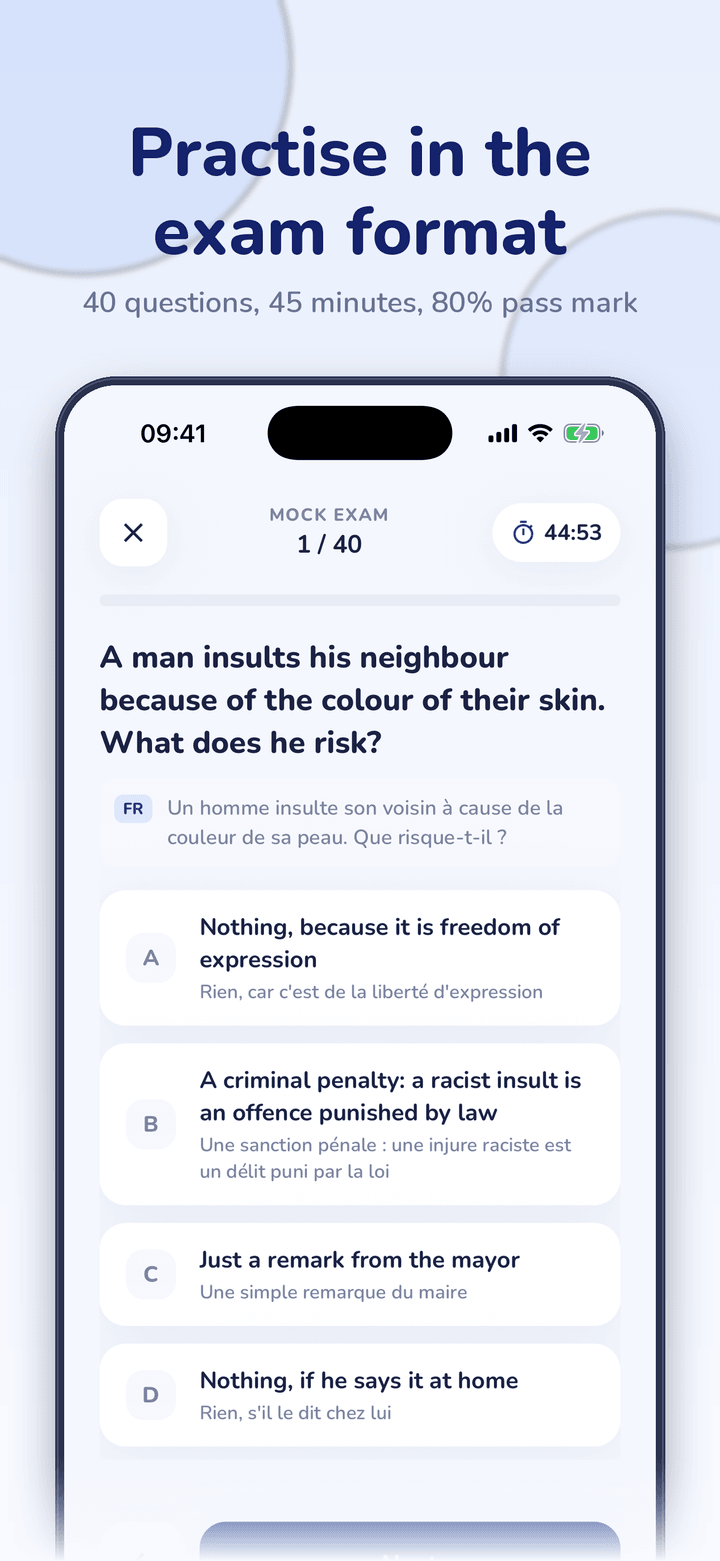 Mock exam in the real format Mock exam screen: question 1 of 40, a 45-minute timer and four answer choices