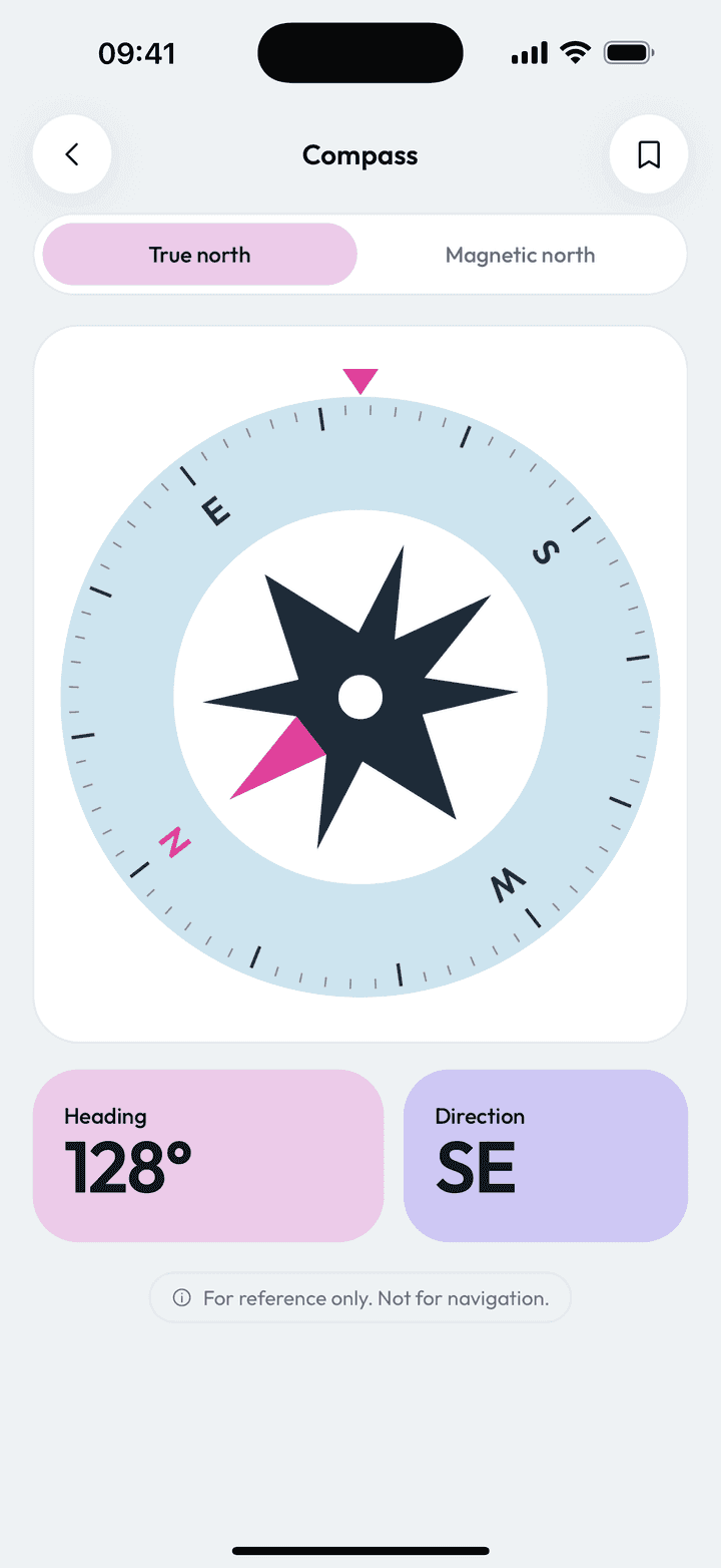 Measure Kit compass showing a heading in degrees with a cardinal direction and a rotating dial Measure Kit compass showing a heading in degrees with a cardinal direction and a rotating dial