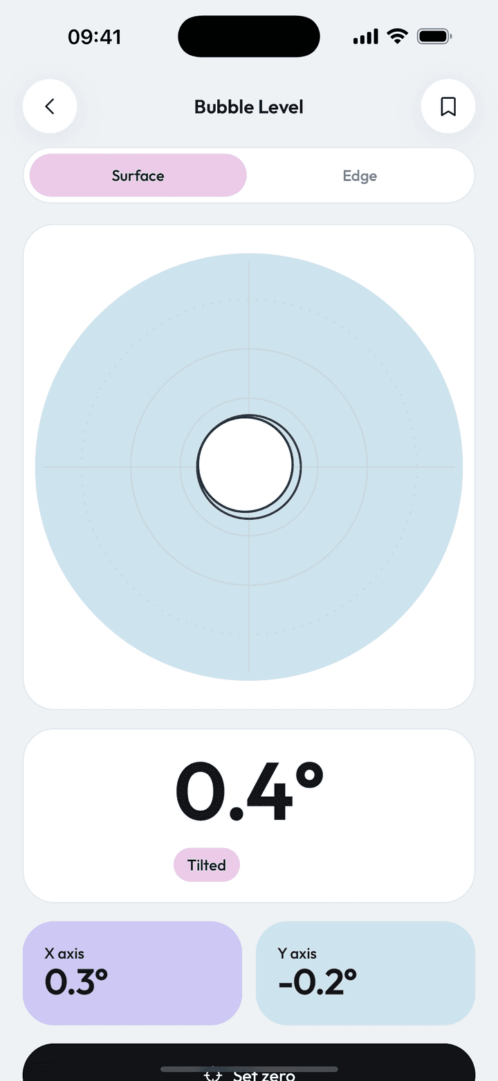 Measure Kit bubble level showing a live tilt angle in degrees and a bubble dial Measure Kit bubble level showing a live tilt angle in degrees and a bubble dial