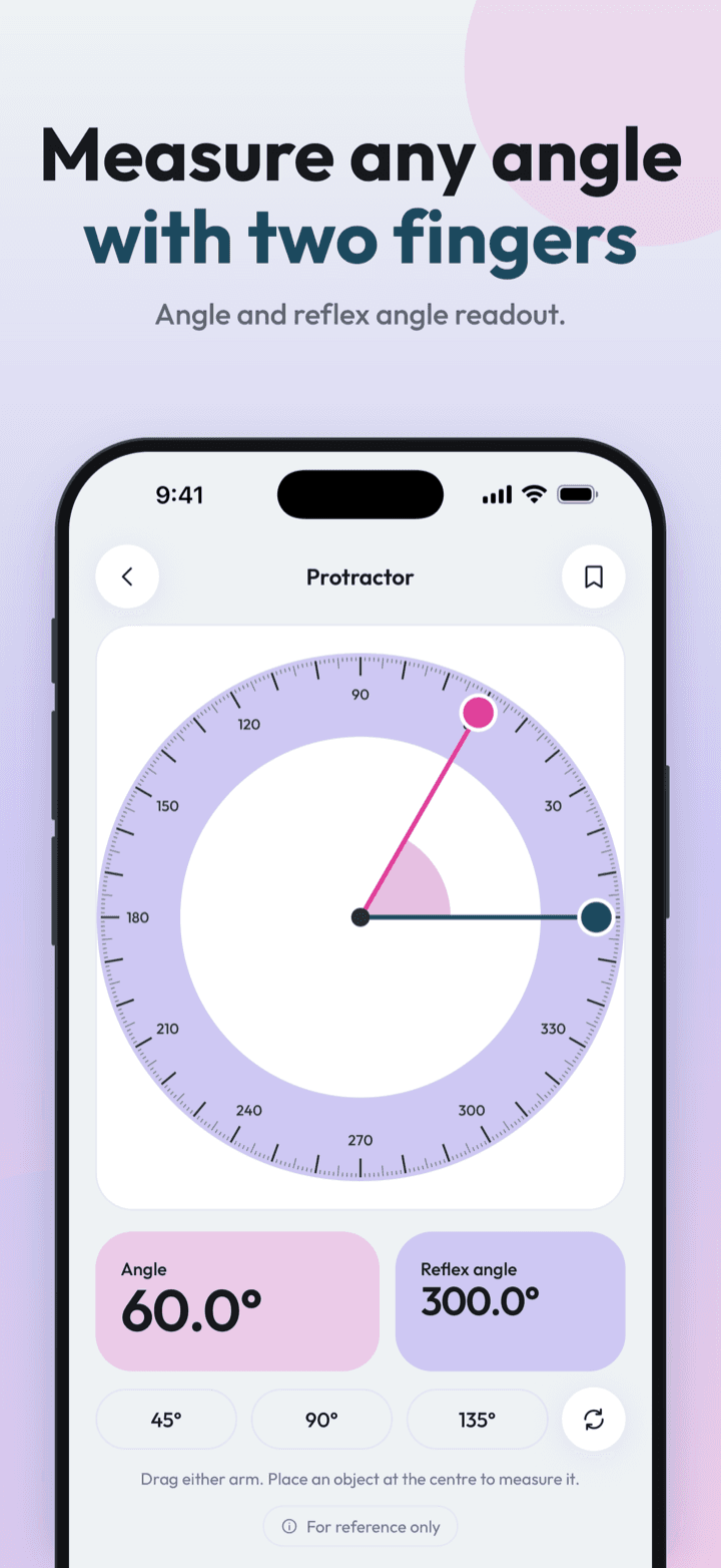 Measure Kit protractor with two arms set to 60 degrees and a reflex angle of 300 degrees Measure Kit protractor with two arms set to 60 degrees and a reflex angle of 300 degrees
