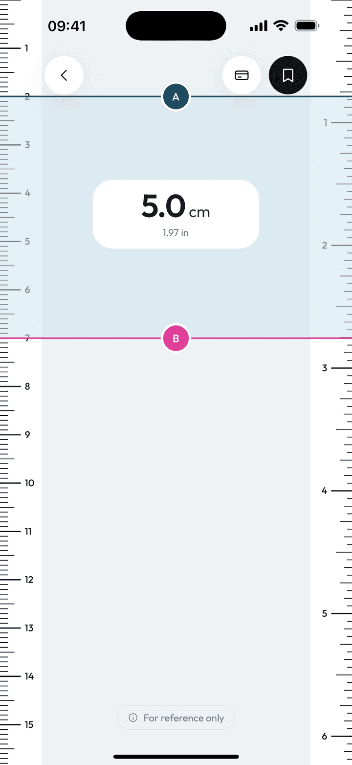 Measure Kit ruler screen with a metric scale on one edge, an inch scale on the other and two handles marked A and B Measure Kit ruler screen with a metric scale on one edge, an inch scale on the other and two handles marked A and B