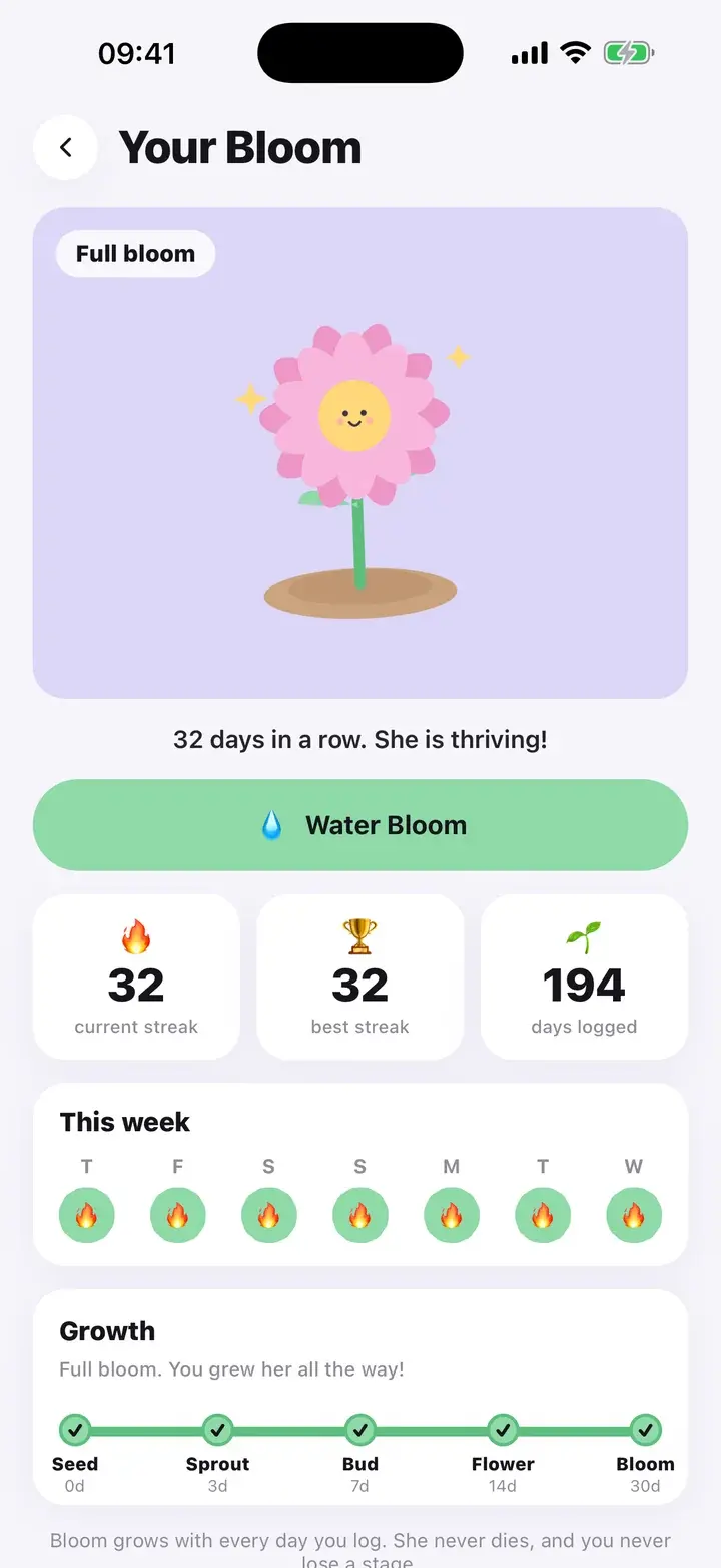 Bloom screen showing the plant in full bloom with a streak counter (sample data)
