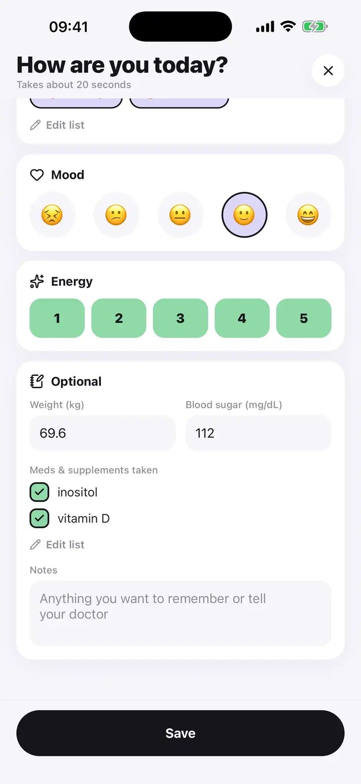 Daily log optional section with weight, blood sugar, supplements and notes (sample entry)