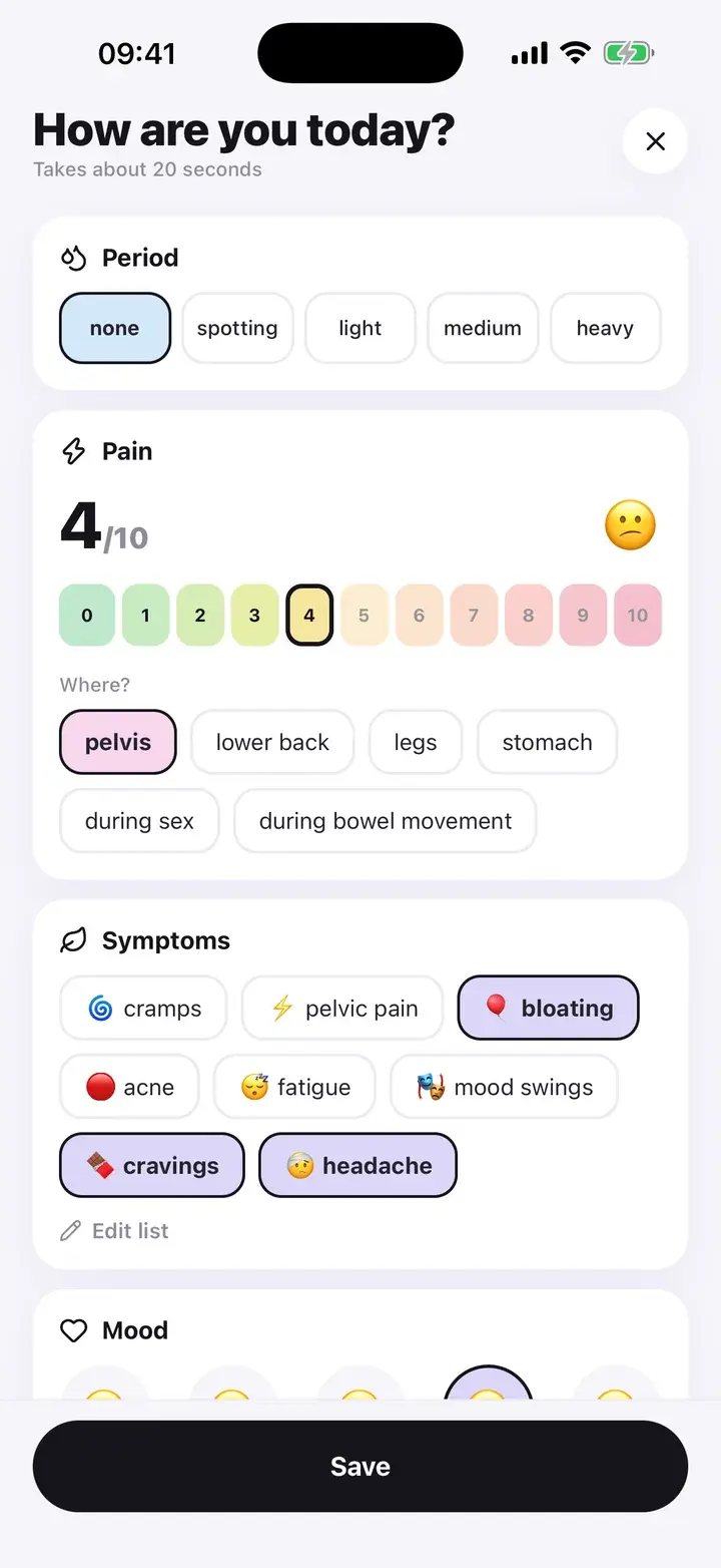 PCOS & Endo Tracker daily log showing the period flow, clot size and pain 0 to 10 sections (sample entry)