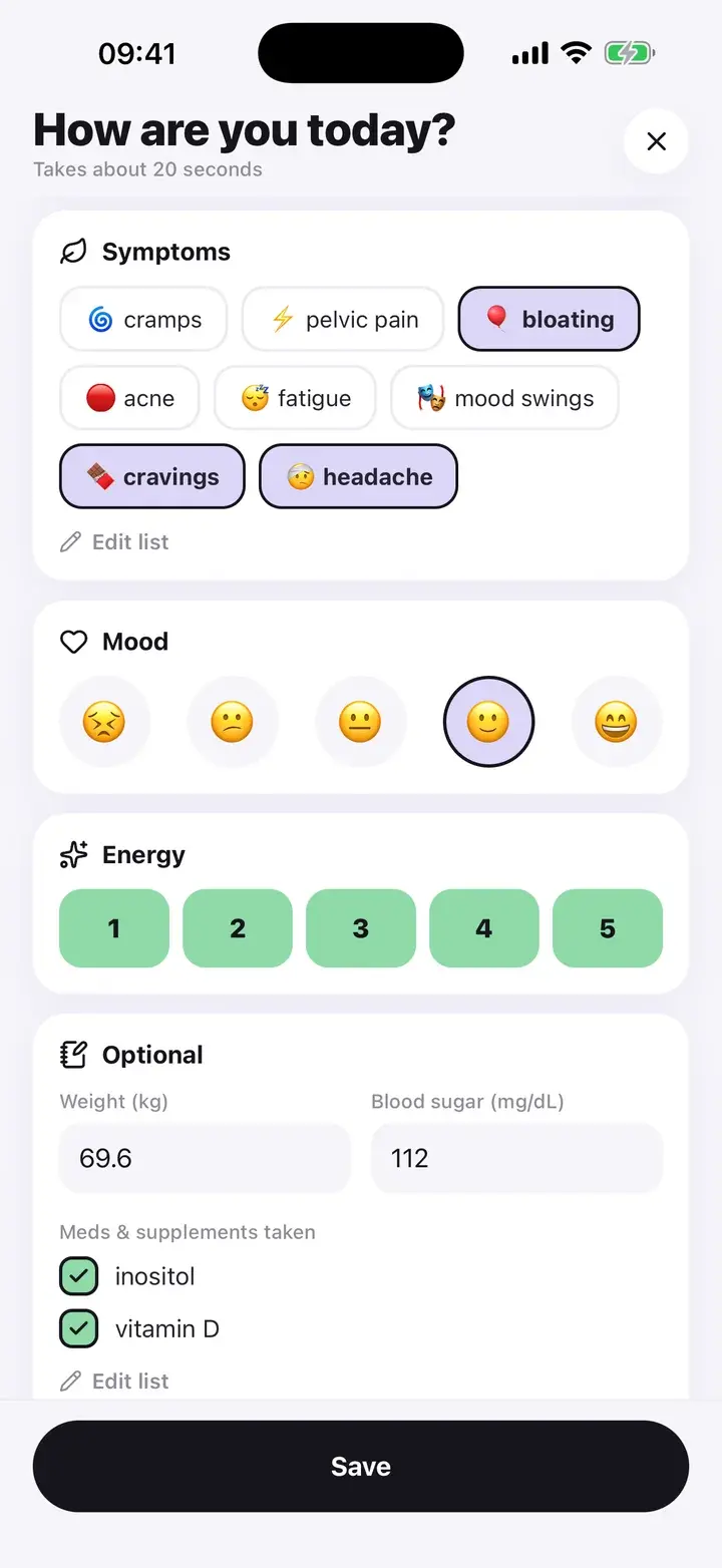 Daily log symptom chips, mood faces and energy scale (sample entry)