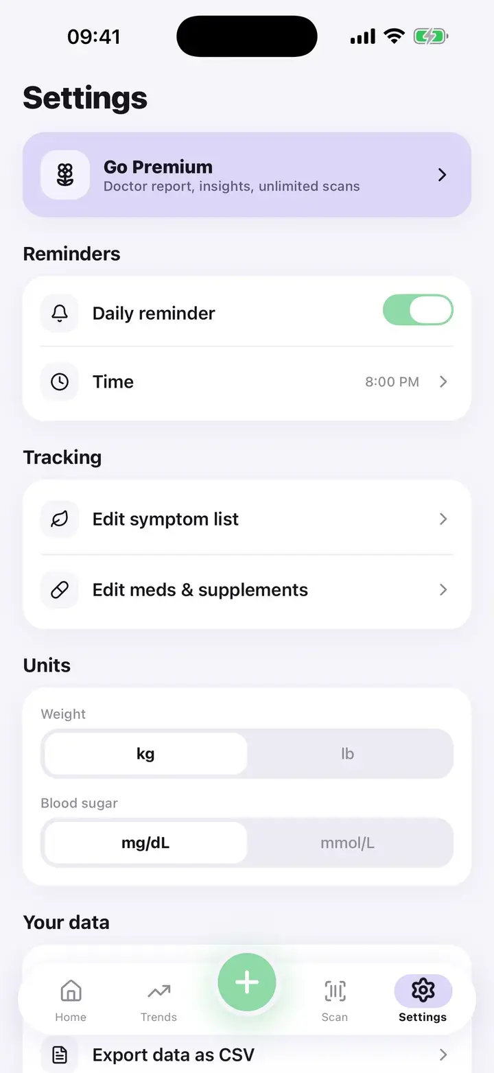 Settings screen with reminders, tracking lists, units and a Your data section including Delete all data (sample data)