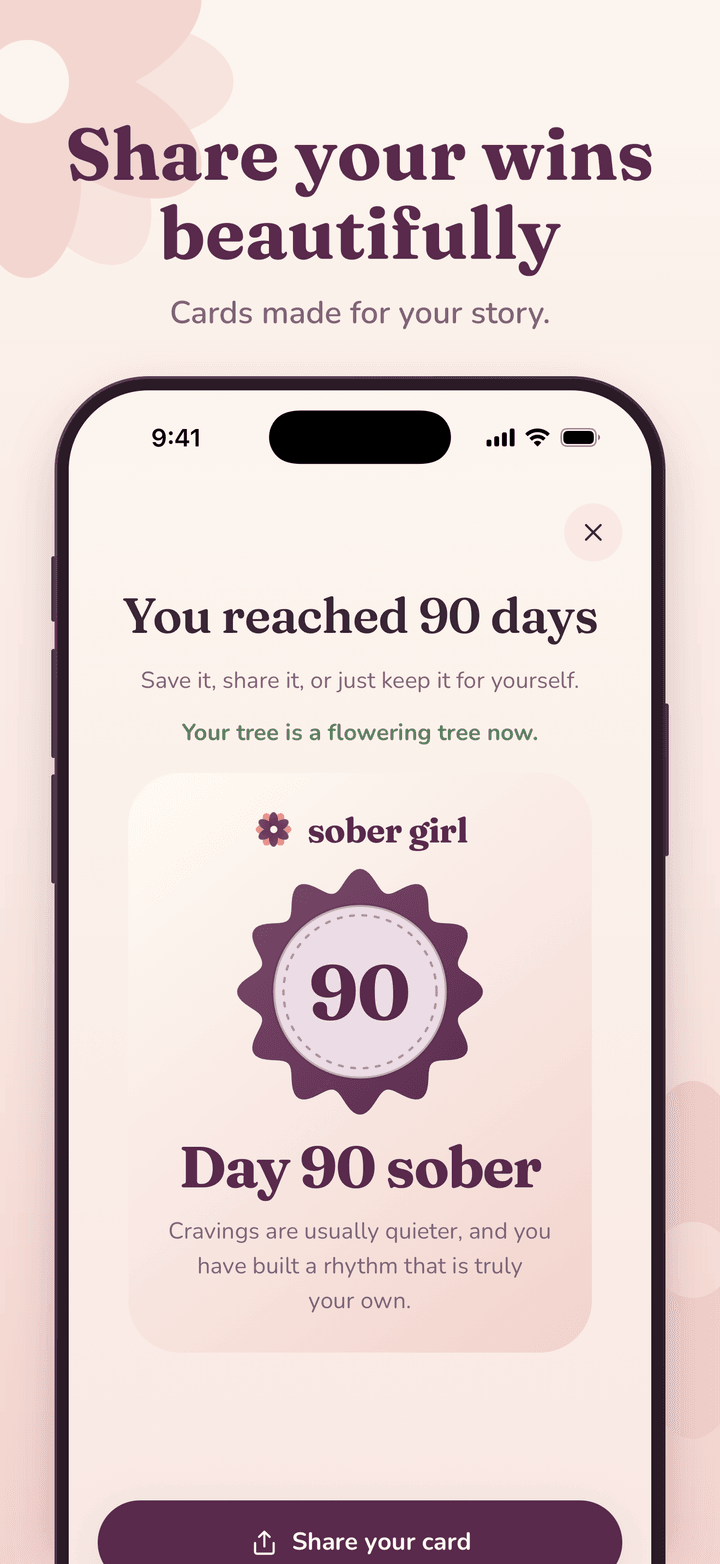 Milestone cards Sober Girl shareable milestone card with a rosette badge and a share button